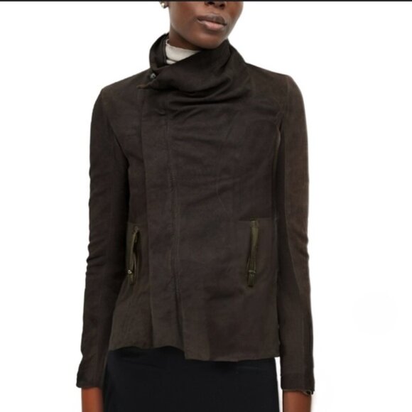 VEDA Black Suede Leather Jacket Wool Knit Panels Underarms Women’s Medium - Picture 1 of 14